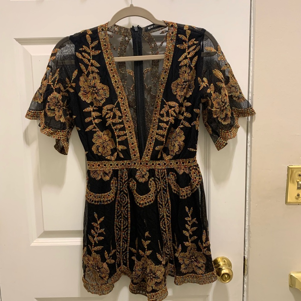 BEAU TISSU Plunging Neck Romper Rainbow Embroidery